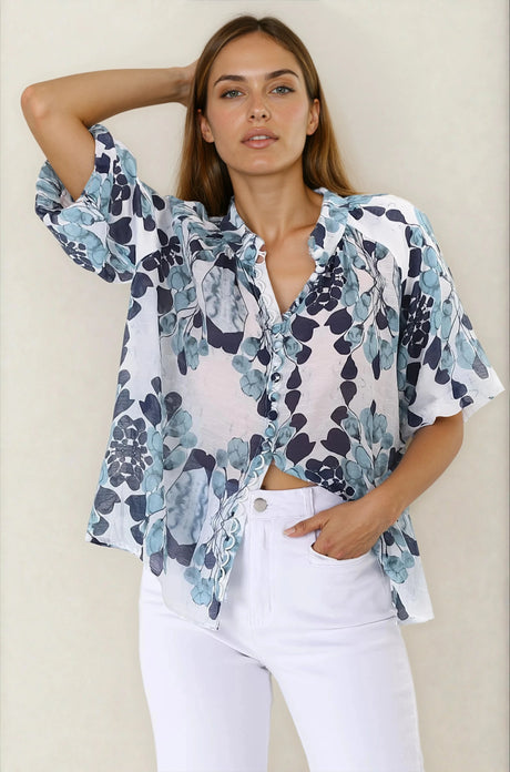 Natalia Blouse - Button Down Mandarin Collar Shirt in Calea Blue Print