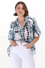 Natalia Blouse - Button Down Mandarin Collar Shirt in Calea Blue Print