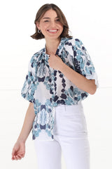 Natalia Blouse - Button Down Mandarin Collar Shirt in Calea Blue Print