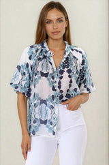 Natalia Blouse - Button Down Mandarin Collar Shirt in Calea Blue Print