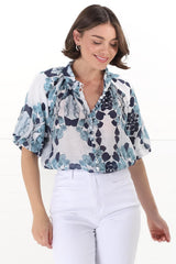 Natalia Blouse - Button Down Mandarin Collar Shirt in Calea Blue Print