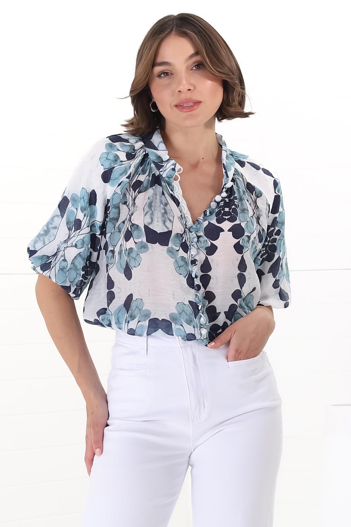 Natalia Blouse - Button Down Mandarin Collar Shirt in Calea Blue Print