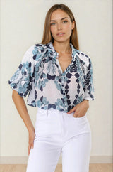 Natalia Blouse - Button Down Mandarin Collar Shirt in Calea Blue Print