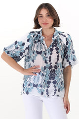 Natalia Blouse - Button Down Mandarin Collar Shirt in Calea Blue Print