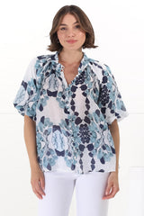 Natalia Blouse - Button Down Mandarin Collar Shirt in Calea Blue Print