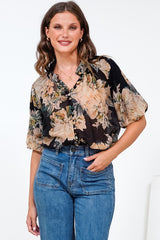 Natalia Blouse - Button Down Mandarin Collar Shirt in Kirah Print Black