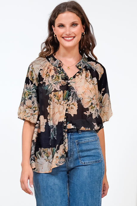 Natalia Blouse - Button Down Mandarin Collar Shirt in Kirah Print Black