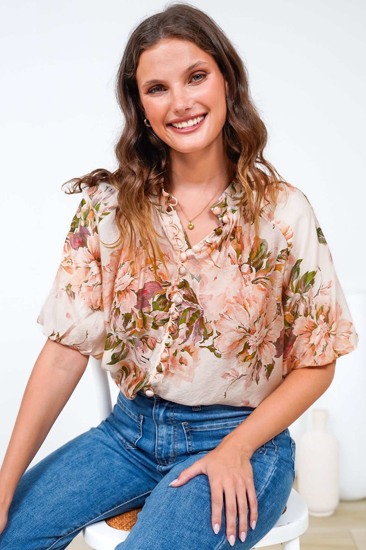 Natalia Blouse - Button Down Mandarin Collar Shirt in Kirah Print Peach