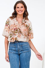 Natalia Blouse - Button Down Mandarin Collar Shirt in Kirah Print Peach