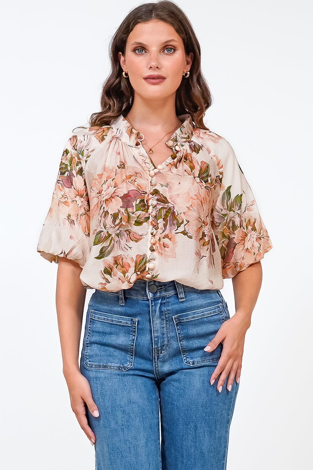 Natalia Blouse - Button Down Mandarin Collar Shirt in Kirah Print Peach