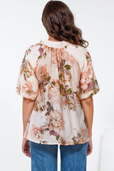 Natalia Blouse - Button Down Mandarin Collar Shirt in Kirah Print Peach