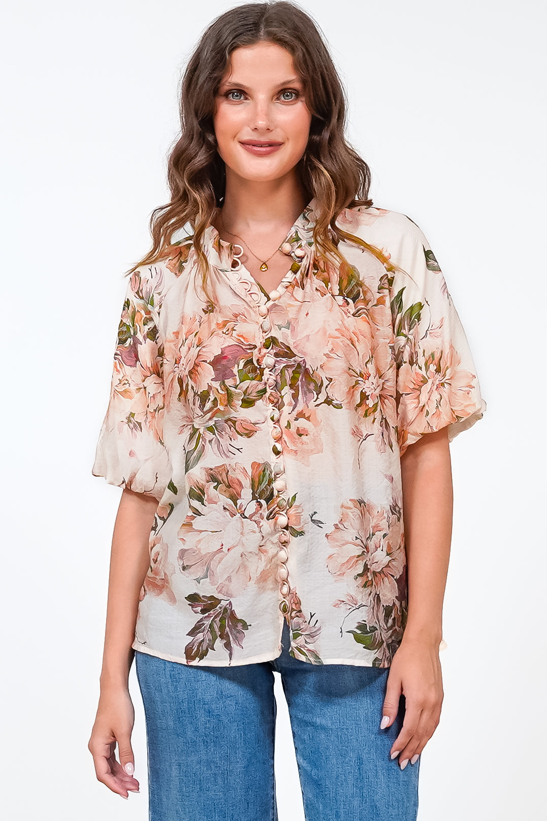 Natalia Blouse - Button Down Mandarin Collar Shirt in Kirah Print Peach