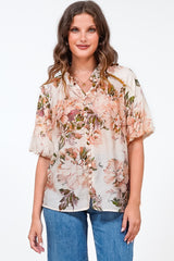 Natalia Blouse - Button Down Mandarin Collar Shirt in Kirah Print Peach