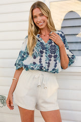Natalia Blouse - Button Down Mandarin Collar Shirt in Calea Blue Print