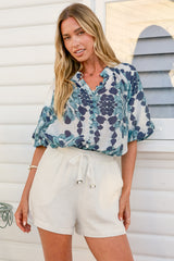 Natalia Blouse - Button Down Mandarin Collar Shirt in Calea Blue Print