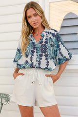 Natalia Blouse - Button Down Mandarin Collar Shirt in Calea Blue Print