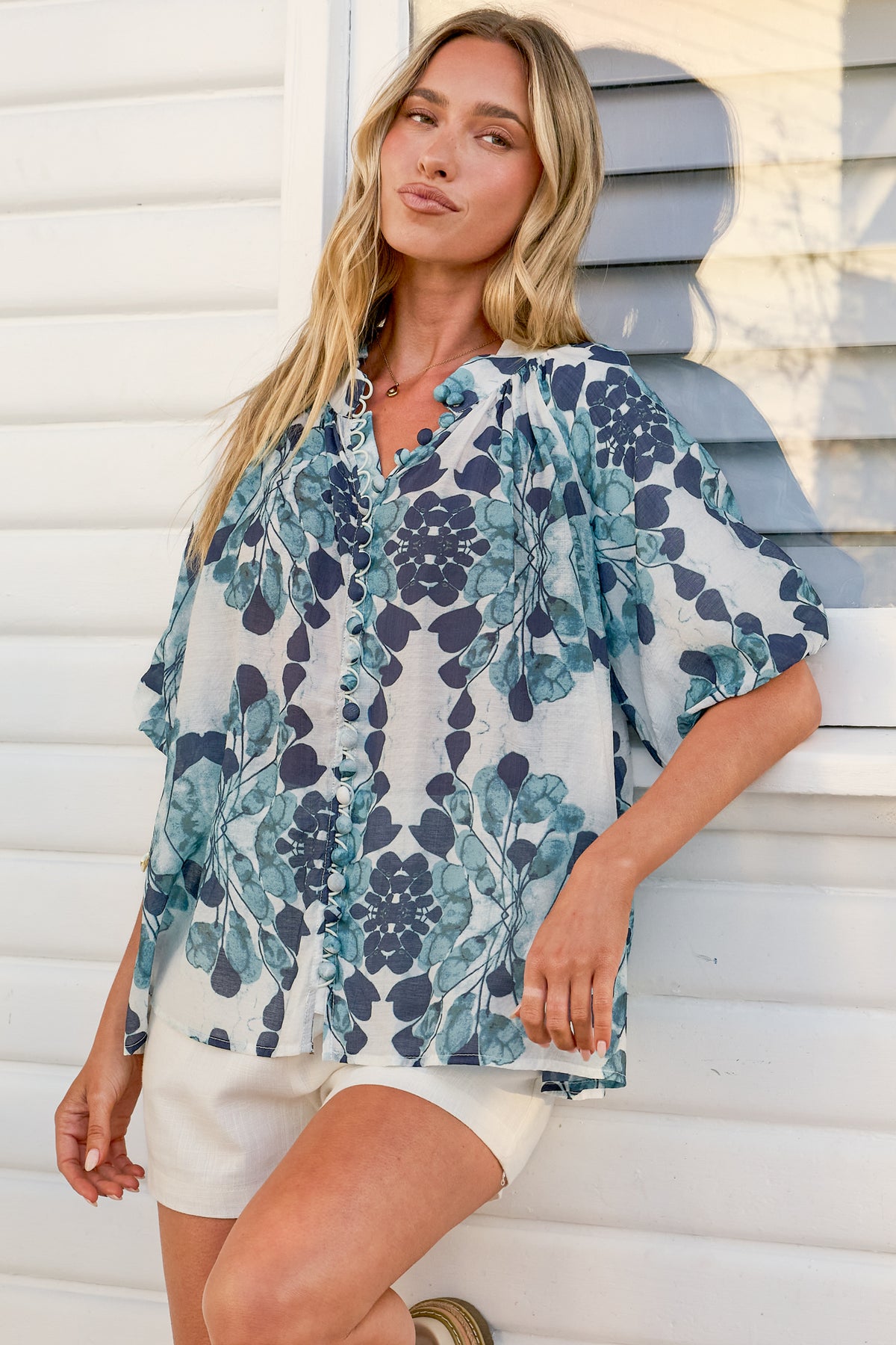 Natalia Blouse - Button Down Mandarin Collar Shirt in Calea Blue Print