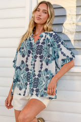 Natalia Blouse - Button Down Mandarin Collar Shirt in Calea Blue Print