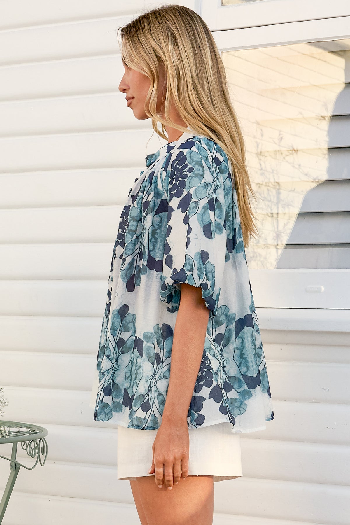 Natalia Blouse - Button Down Mandarin Collar Shirt in Calea Blue Print