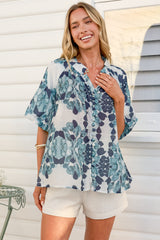 Natalia Blouse - Button Down Mandarin Collar Shirt in Calea Blue Print