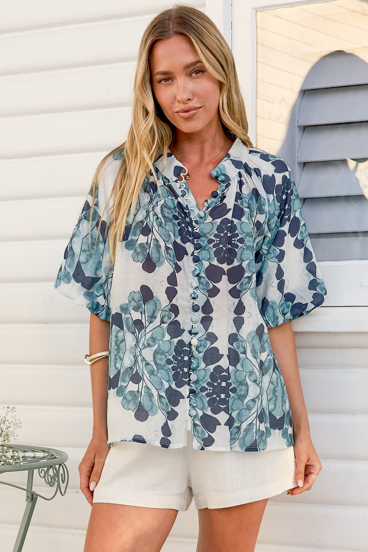 Natalia Blouse - Button Down Mandarin Collar Shirt in Calea Blue Print