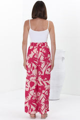 Nathy Pants - Elasticated Paper Bag Waist with Drawstring Straight Leg Pants with Pockets in Patty Print Pink