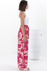 Nathy Pants - Elasticated Paper Bag Waist with Drawstring Straight Leg Pants with Pockets in Patty Print Pink