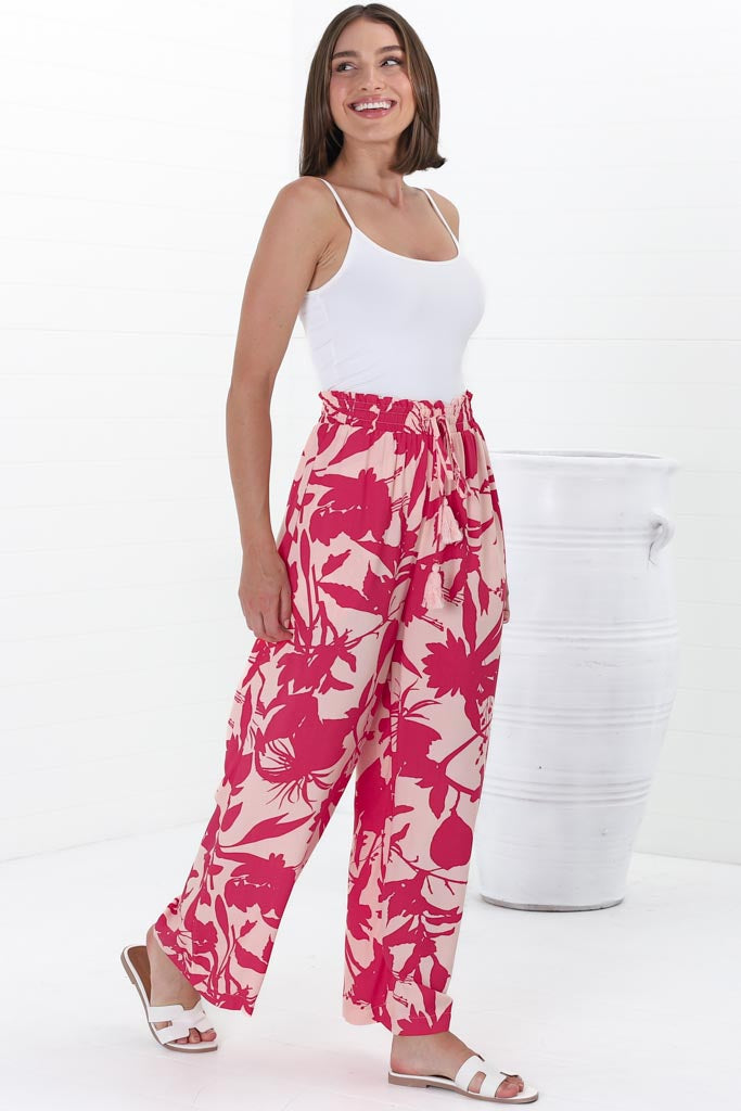 Nathy Pants - Elasticated Paper Bag Waist with Drawstring Straight Leg Pants with Pockets in Patty Print Pink