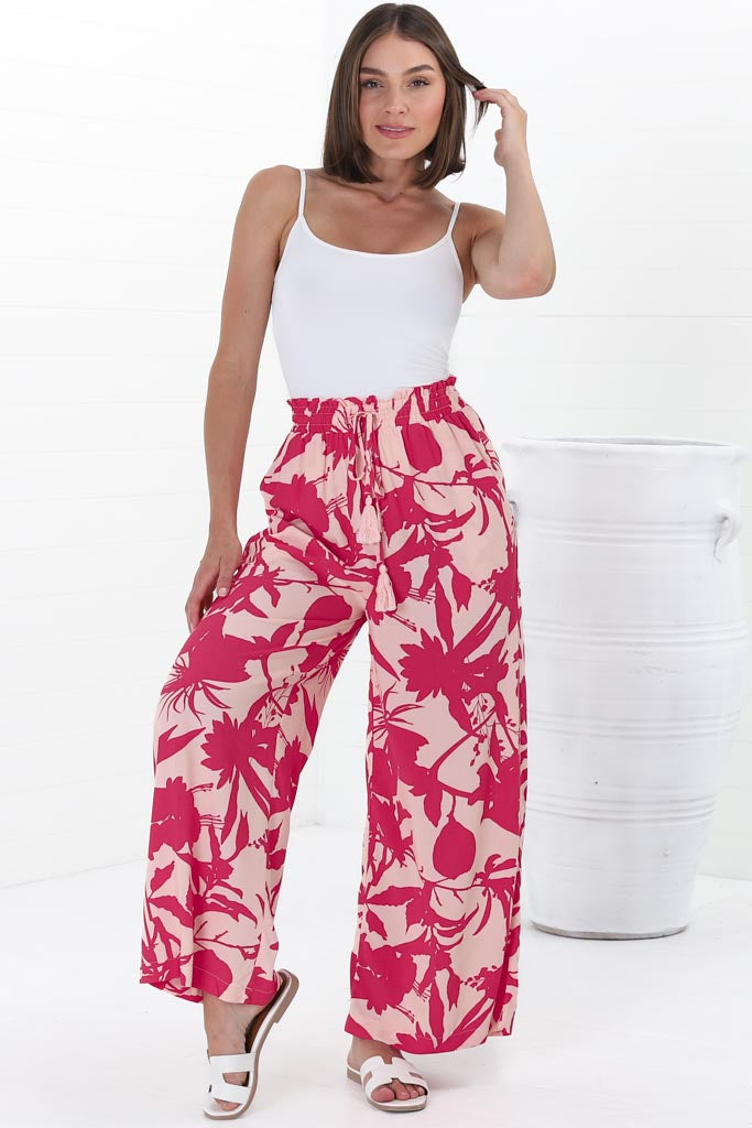 Nathy Pants - Elasticated Paper Bag Waist with Drawstring Straight Leg Pants with Pockets in Patty Print Pink