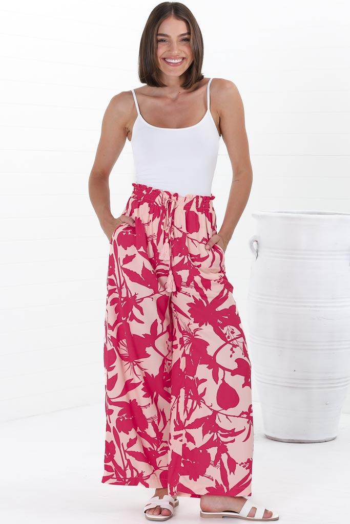 Nathy Pants - Elasticated Paper Bag Waist with Drawstring Straight Leg Pants with Pockets in Patty Print Pink