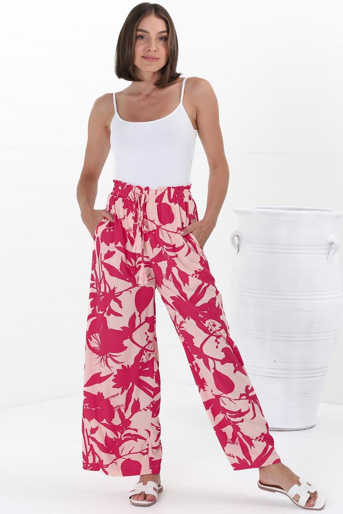 Nathy Pants - Elasticated Paper Bag Waist with Drawstring Straight Leg Pants with Pockets in Patty Print Pink