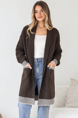 Nattie Cardigan - Folded Collar Knit with Contrast Stripe Hemlines and Pockets in Dark Brown