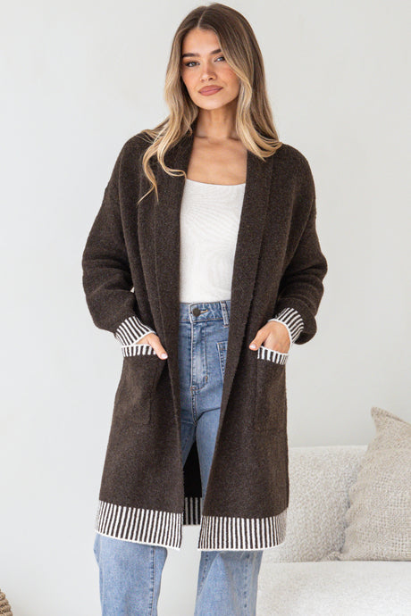 Nattie Cardigan - Folded Collar Knit with Contrast Stripe Hemlines and Pockets in Dark Brown