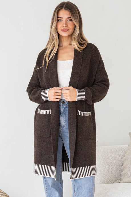 Model wearing Nattie Cardigan in Dark Brown from Salty Crush