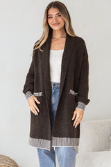 Nattie Cardigan - Folded Collar Knit with Contrast Stripe Hemlines and Pockets in Dark Brown
