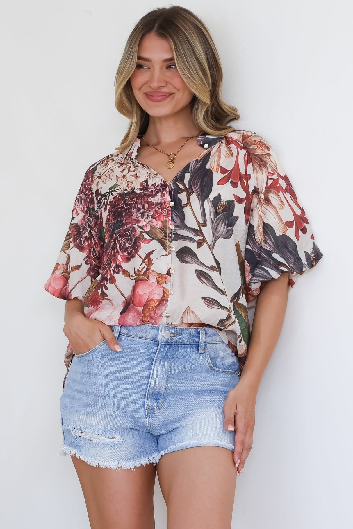 Nayra Blouse - Mandarin Collar Buttoned Down with Puff Sleeves in Leonor Print