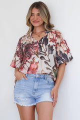 Nayra Blouse - Mandarin Collar Buttoned Down with Puff Sleeves in Leonor Print