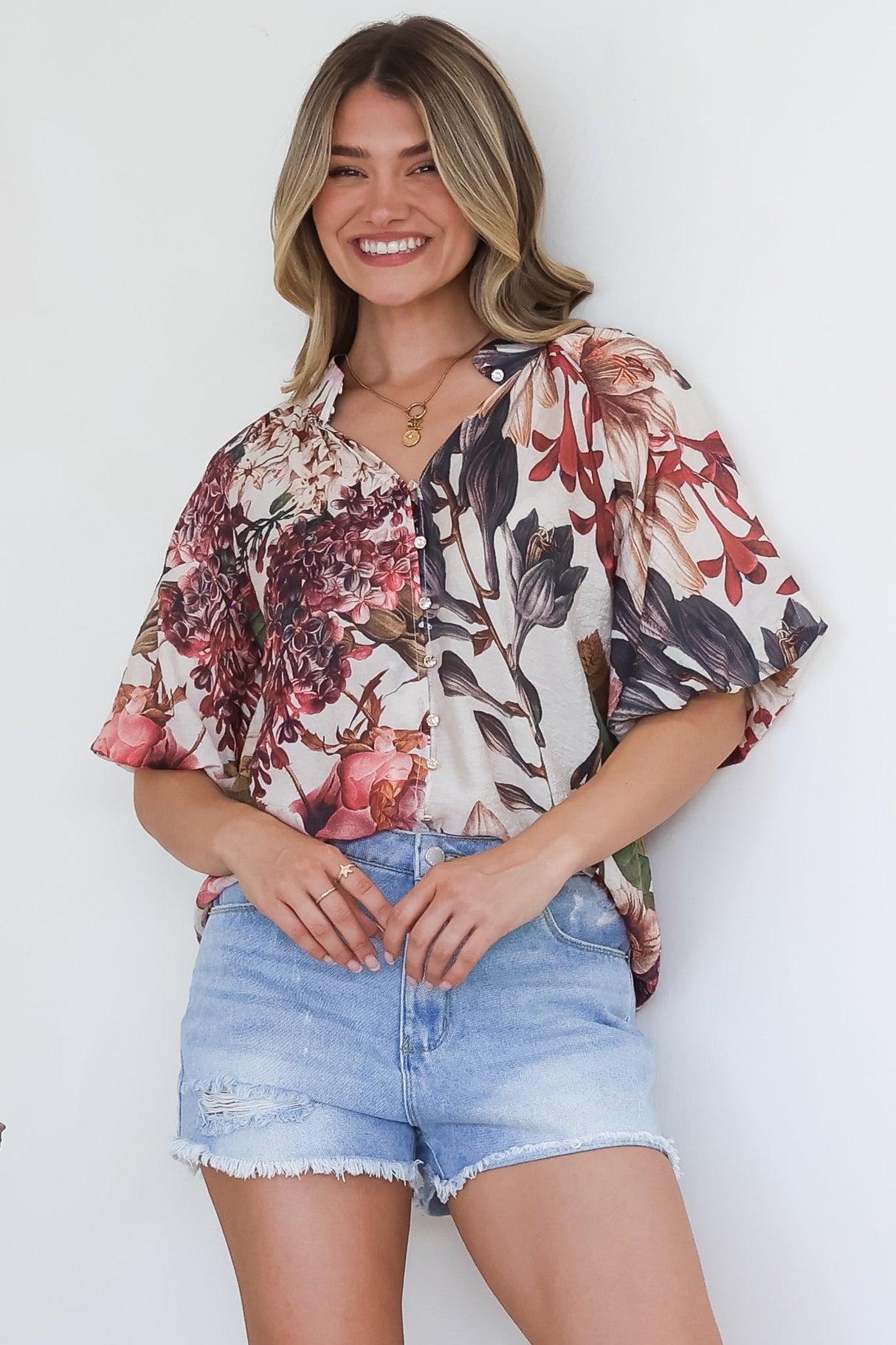 Nayra Blouse - Mandarin Collar Buttoned Down with Puff Sleeves in Leonor Print