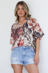 Nayra Blouse - Mandarin Collar Buttoned Down with Puff Sleeves in Leonor Print