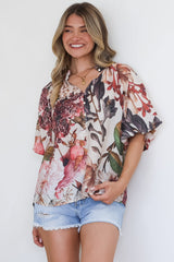 Nayra Blouse - Mandarin Collar Buttoned Down with Puff Sleeves in Leonor Print