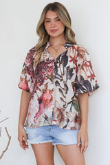 Nayra Blouse - Mandarin Collar Buttoned Down with Puff Sleeves in Leonor Print