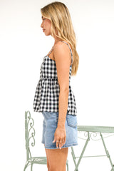 Nela Top - Square Neck Pelum Hem Top with Adjustable Spaghetti Straps in Black Gingham