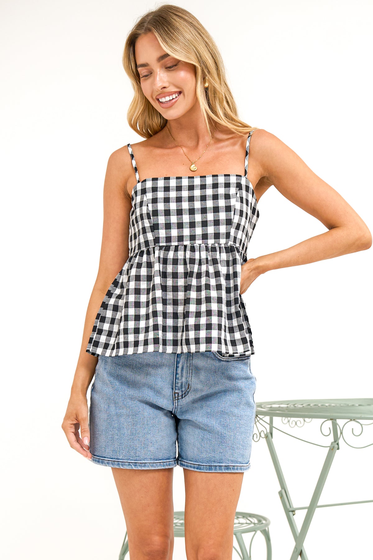 Nela Top - Square Neck Pelum Hem Top with Adjustable Spaghetti Straps in Black Gingham