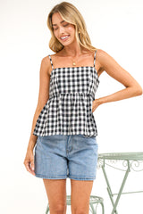 Nela Top - Square Neck Pelum Hem Top with Adjustable Spaghetti Straps in Black Gingham