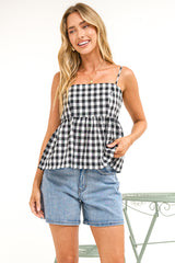 Nela Top - Square Neck Pelum Hem Top with Adjustable Spaghetti Straps in Black Gingham
