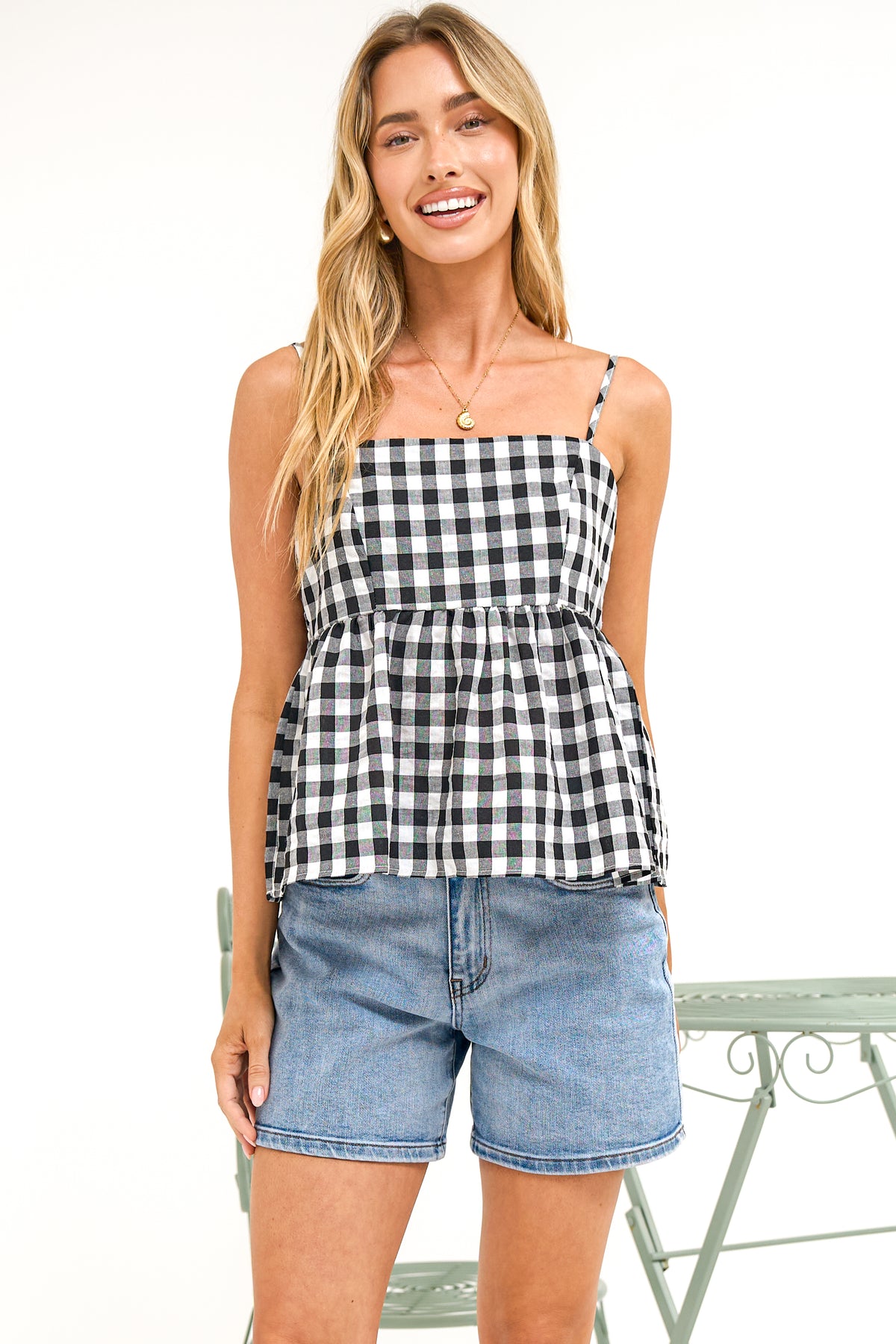 Nela Top - Square Neck Pelum Hem Top with Adjustable Spaghetti Straps in Black Gingham