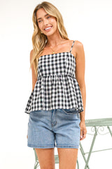 Nela Top - Square Neck Pelum Hem Top with Adjustable Spaghetti Straps in Black Gingham