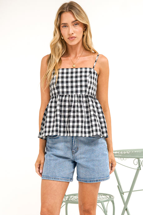 Nela Top - Square Neck Pelum Hem Top with Adjustable Spaghetti Straps in Black Gingham
