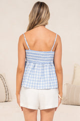 Nela Top - Square Neck Pelum Hem Top with Adjustable Spaghetti Straps in Blue Gingham