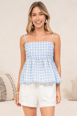 Nela Top - Square Neck Pelum Hem Top with Adjustable Spaghetti Straps in Blue Gingham